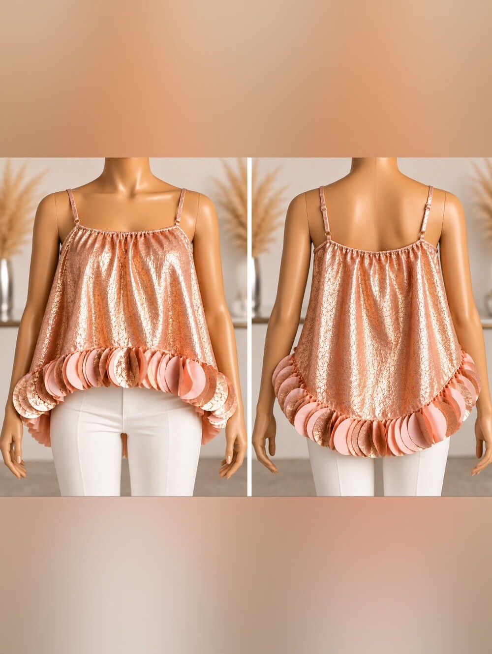 Aveloria XL Rose Gold Shimmery Metallic High Low Camisole Top 3D Petal Hem Party